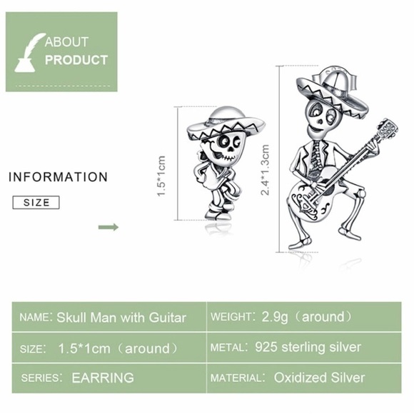 925 silver Stud Earrings for Women Skull Man with Guitar Jewelry Gift - Picture 8 of 9